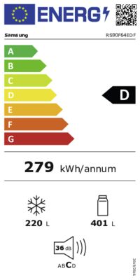 Energielabel von RS90F64EDFEF, Energieeffizienzklasse D. Daten siehe Produktdetailseite.