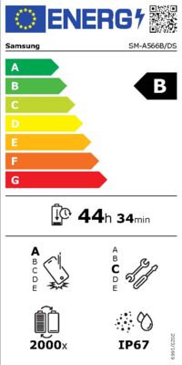 Étiquette énergétique de Galaxy A56 5G A566B 256GB, classe d'efficacité énergétique B. Données disponibles sur la page produit.