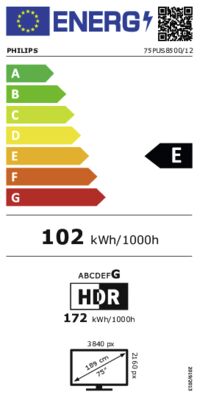 Étiquette énergétique de 75PUS8500/12, classe d'efficacité énergétique E. Données disponibles sur la page produit.