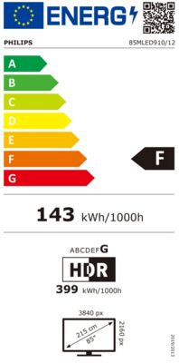 Étiquette énergétique de 85MLED910/12, classe d'efficacité énergétique F. Données disponibles sur la page produit.