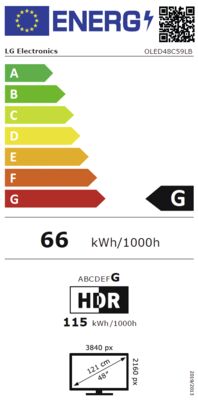 Etichetta energetica di OLED48C59LB.AVS, classe di efficienza energetica G. Dati disponibili sulla pagina del prodotto.
