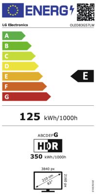 Étiquette énergétique de OLED83G57LW.AVS, classe d'efficacité énergétique E. Données disponibles sur la page produit.