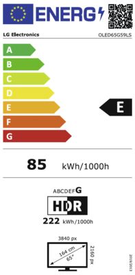 Étiquette énergétique de OLED65G59LS.AVS, classe d'efficacité énergétique E. Données disponibles sur la page produit.