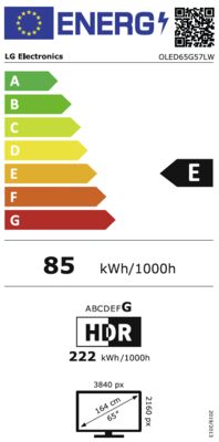Étiquette énergétique de OLED65G57LW.AVS, classe d'efficacité énergétique E. Données disponibles sur la page produit.