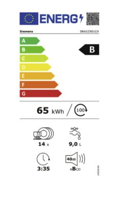 Étiquette énergétique de SN65ZX01CH, classe d'efficacité énergétique B. Données disponibles sur la page produit.