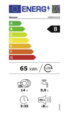 Étiquette énergétique de SX65ZX01CH, classe d'efficacité énergétique B. Données disponibles sur la page produit.