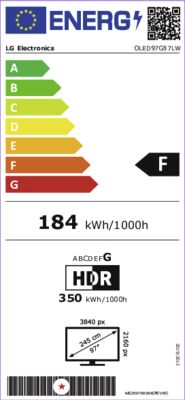 Étiquette énergétique de OLED97G57LW.AVS, classe d'efficacité énergétique F. Données disponibles sur la page produit.