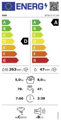 Energielabel von WT8+5-TC-AD, Energieeffizienzklasse D. Daten siehe Produktdetailseite.
