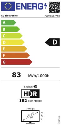 Energielabel von 75QNED87A6B.AVS, Energieeffizienzklasse D. Daten siehe Produktdetailseite.