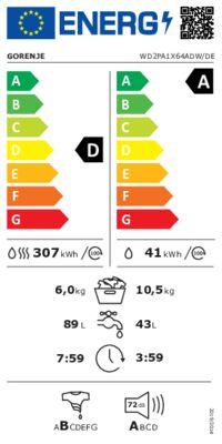 Energielabel von WD2PA1X64ADW/DE, Energieeffizienzklasse D. Daten siehe Produktdetailseite.