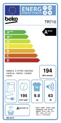 Etichetta energetica di TR710,  9kg, A+++, weiss, classe di efficienza energetica A+++. Dati disponibili sulla pagina del prodotto.