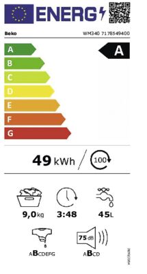 Étiquette énergétique de WM340,  9kg, A, weiss, classe d'efficacité énergétique A. Données disponibles sur la page produit.