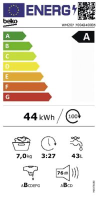 Étiquette énergétique de WM207, 7kg, classe d'efficacité énergétique A. Données disponibles sur la page produit.