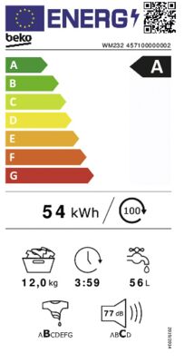 Étiquette énergétique de WM232, 12kg,  A, weiss, classe d'efficacité énergétique A. Données disponibles sur la page produit.