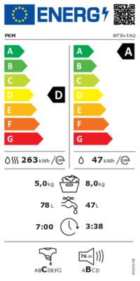 Energielabel von WT8+5AD, Energieeffizienzklasse D. Daten siehe Produktdetailseite.