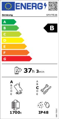 Etichetta energetica di Galaxy Z Flip7 FE F761B 128GB, classe di efficienza energetica B. Dati disponibili sulla pagina del prodotto.