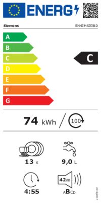 Energielabel von SN43HS03BD, Energieeffizienzklasse C. Daten siehe Produktdetailseite.