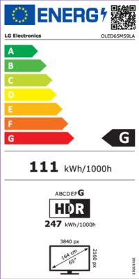 Étiquette énergétique de OLED65M59LA.AVS, classe d'efficacité énergétique G. Données disponibles sur la page produit.