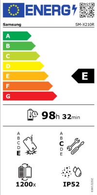 Energielabel von Galaxy Tab A9+ 128GB Wi-Fi X210R, Energieeffizienzklasse E. Daten siehe Produktdetailseite.