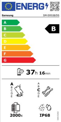 Energielabel von Galaxy S25 S931B 256GB, Energieeffizienzklasse B. Daten siehe Produktdetailseite.