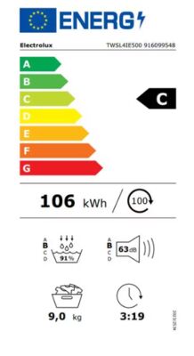 Étiquette énergétique de TWSL4IE500, classe d'efficacité énergétique C. Données disponibles sur la page produit.