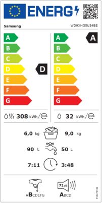Energielabel von WD9XHG5U34BEEG, Energieeffizienzklasse D. Daten siehe Produktdetailseite.