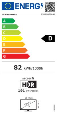 Étiquette énergétique de 75MRGB88B9B.AVS, classe d'efficacité énergétique D. Données disponibles sur la page produit.