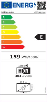 Étiquette énergétique de 100QNED87B6.AVS, classe d'efficacité énergétique E. Données disponibles sur la page produit.