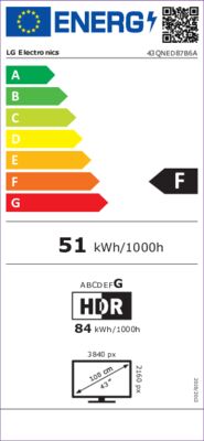 Étiquette énergétique de 43QNED87B6A.AVS, classe d'efficacité énergétique F. Données disponibles sur la page produit.