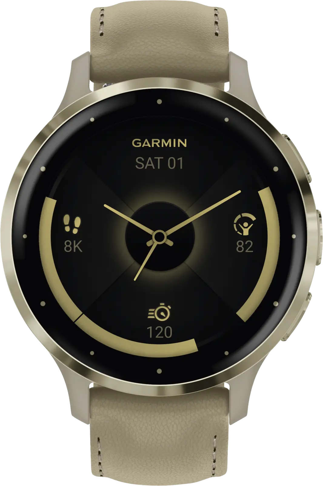 Garmin Venu® 3S, Soft Gold rand van roestvrij staal met French Grey behuizing en siliconen band