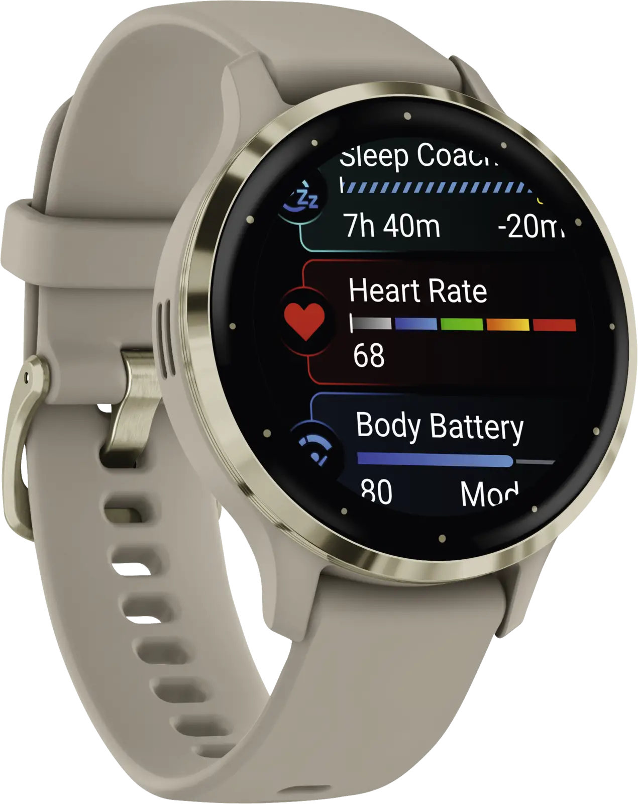 Garmin Venu® 3S, Soft Gold rand van roestvrij staal met French Grey behuizing en siliconen band