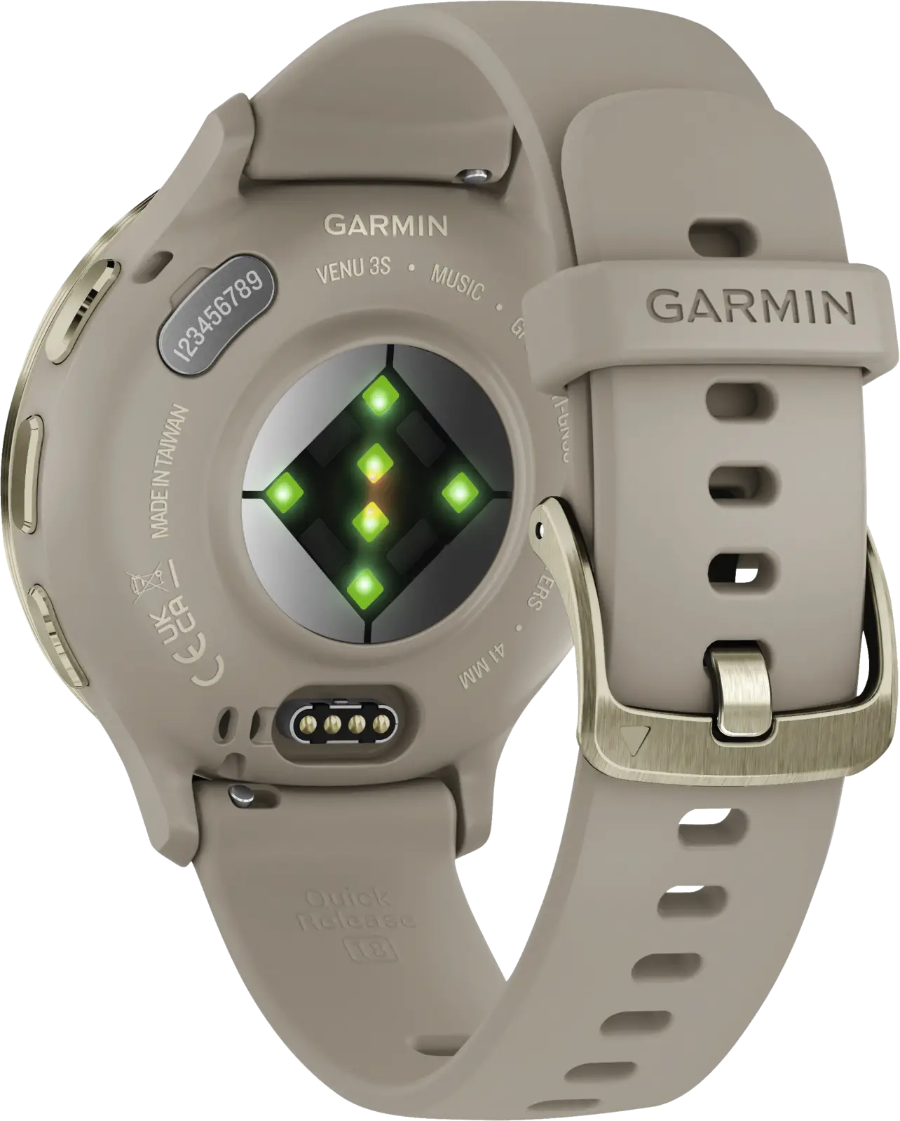 Garmin Venu® 3S, Soft Gold rand van roestvrij staal met French Grey behuizing en siliconen band
