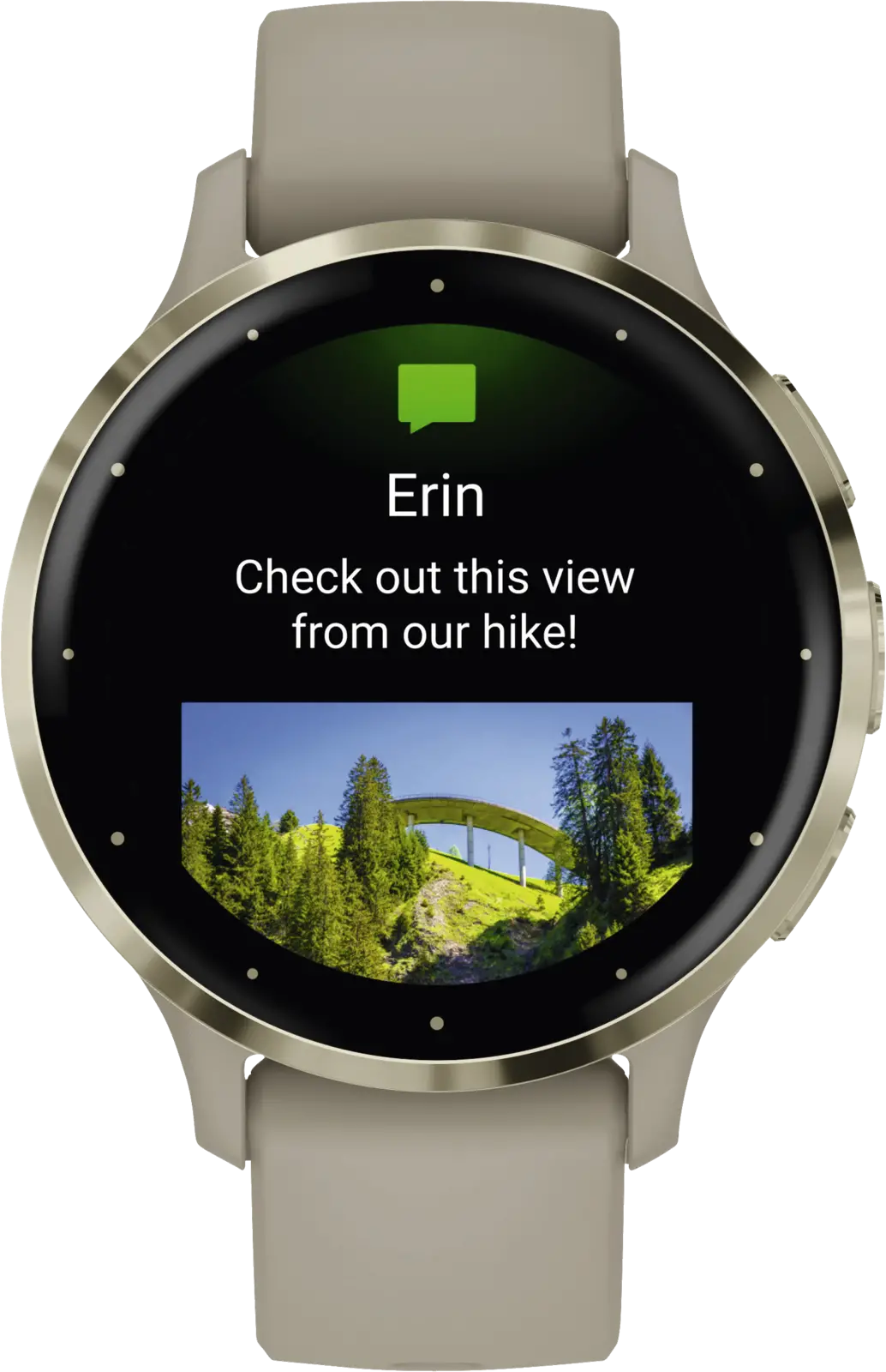 Garmin Venu® 3S, Soft Gold rand van roestvrij staal met French Grey behuizing en siliconen band