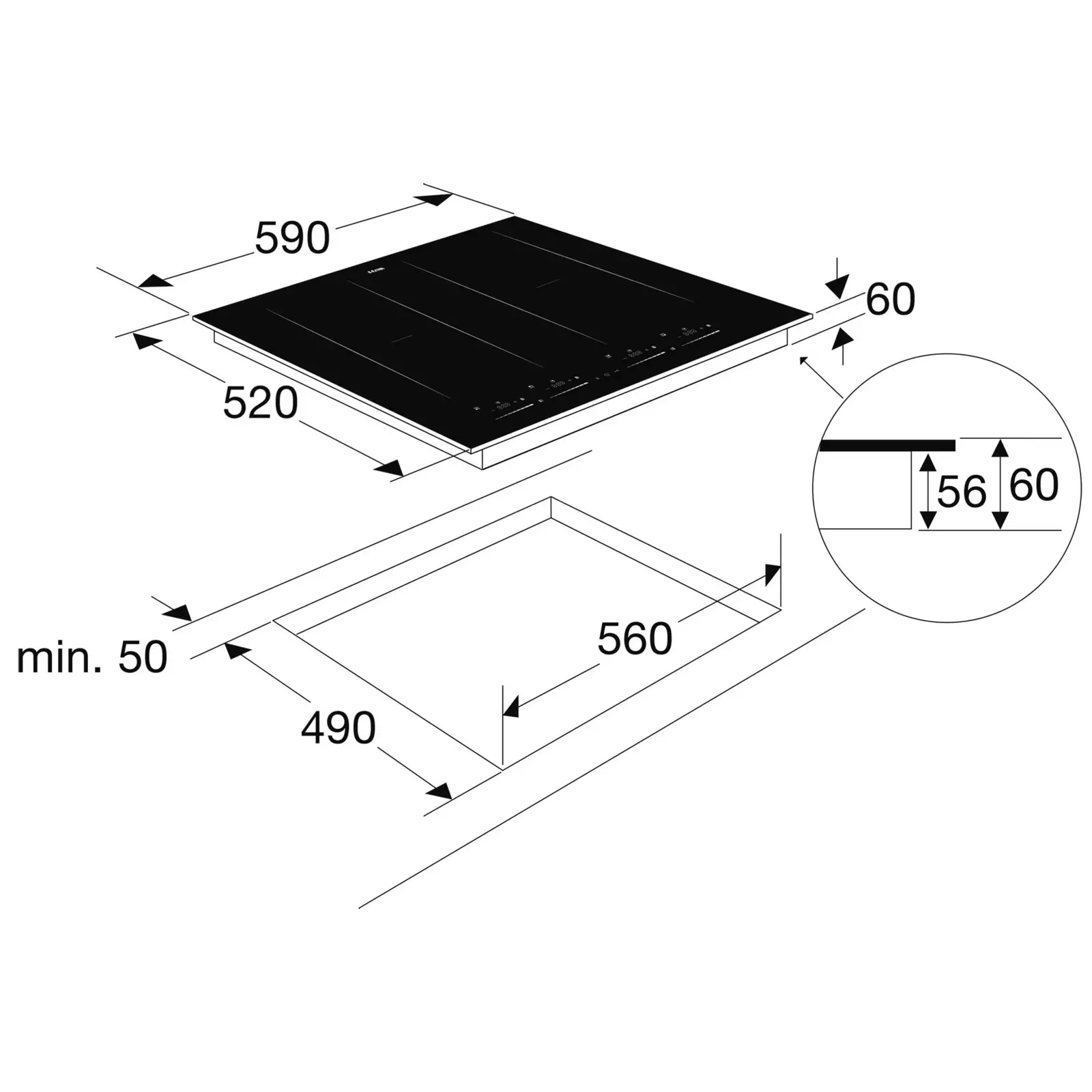 ETNA KIF562ZT Inbouw Inductiekookplaat met Dubbele Flexzones en Sliderbediening - 59 cm 
