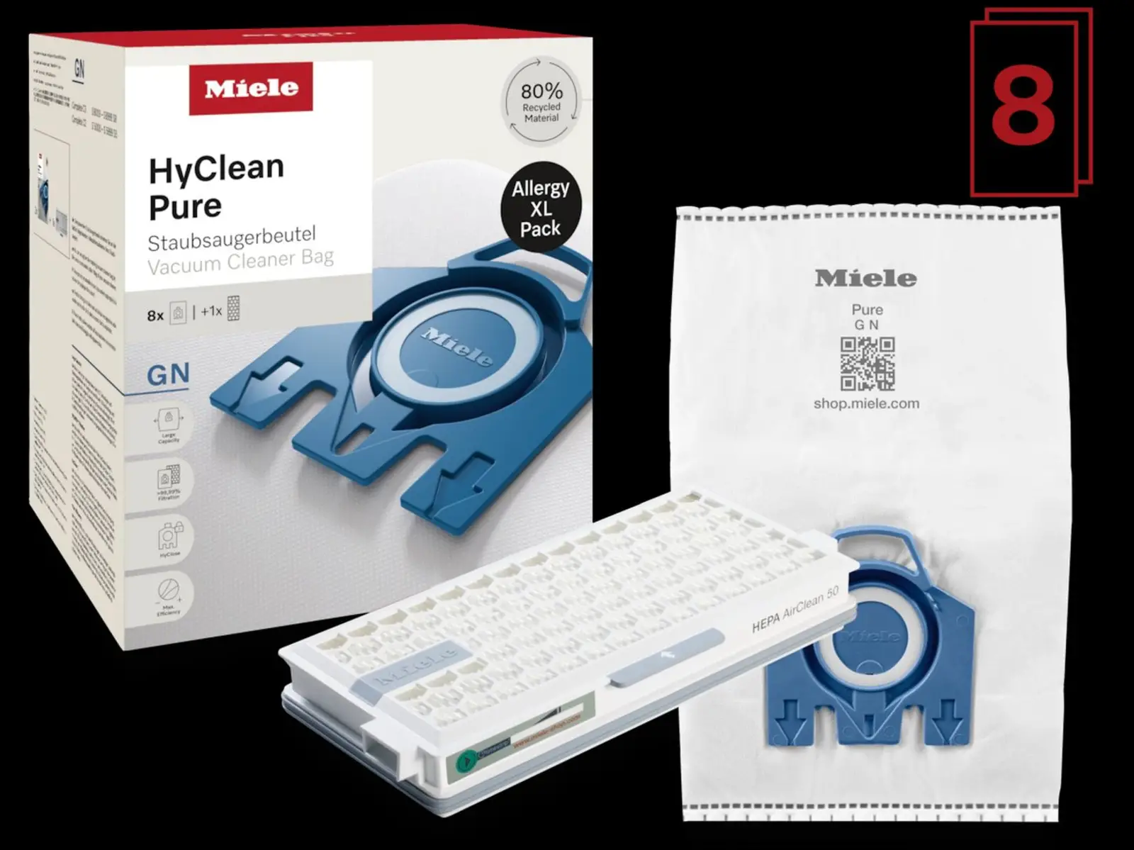 Miele GN HyClean Pure 8 stofzuigerzakken + 1 HEPA AirClean-filter SF HA 50