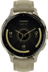 Garmin Venu® 3S, Soft Gold rand van roestvrij staal met French Grey behuizing en siliconen band
