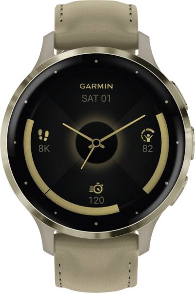 Garmin Venu® 3S, Soft Gold rand van roestvrij staal met French Grey behuizing en siliconen band