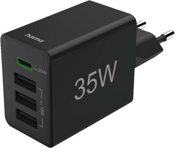 Snellader, 1x USB-C PD, 3x USB-A, mini-oplader, 35W