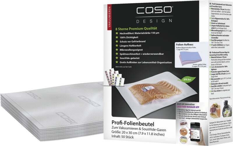 Caso Folienbeutel 20x30 cm 50er Gefrier- und Verpackungsfolienbeutel für Folienschweißgeräte, Größe: 20x30 cm, kochfest