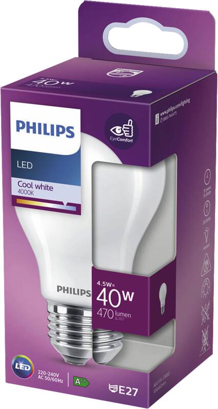 Philips LED classic 40W A60 E27 CW FR ND RFSRT4 LED-Standardlampe, Energieeffizienzklasse F, 4,5 Watt