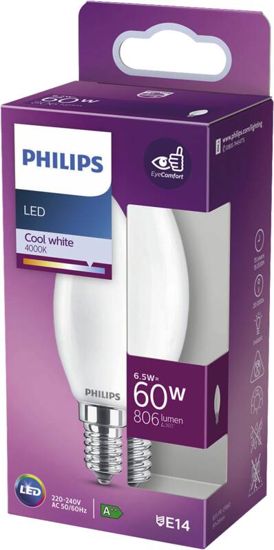 Philips LED classic 60W E14 CW B35 FR ND RFSRT4 LED-Kerzenlampe, Energieeffizienzklasse E, 6,5 Watt
