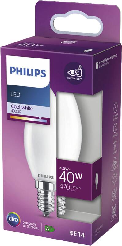 Philips LED classic 40W E14 CW B35 FR ND RFSRT4 LED-Kerzenlampe, Energieeffizienzklasse F, 4,3 Watt