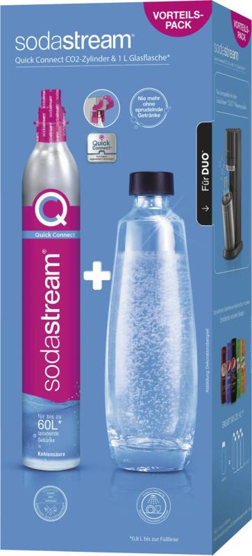 Sodastream Quick Connect CO2-Zylinder Reservepack mit Glasflasche DUO 60 Liter Austauschzylinder für Soda-Geräte, Glasflasche