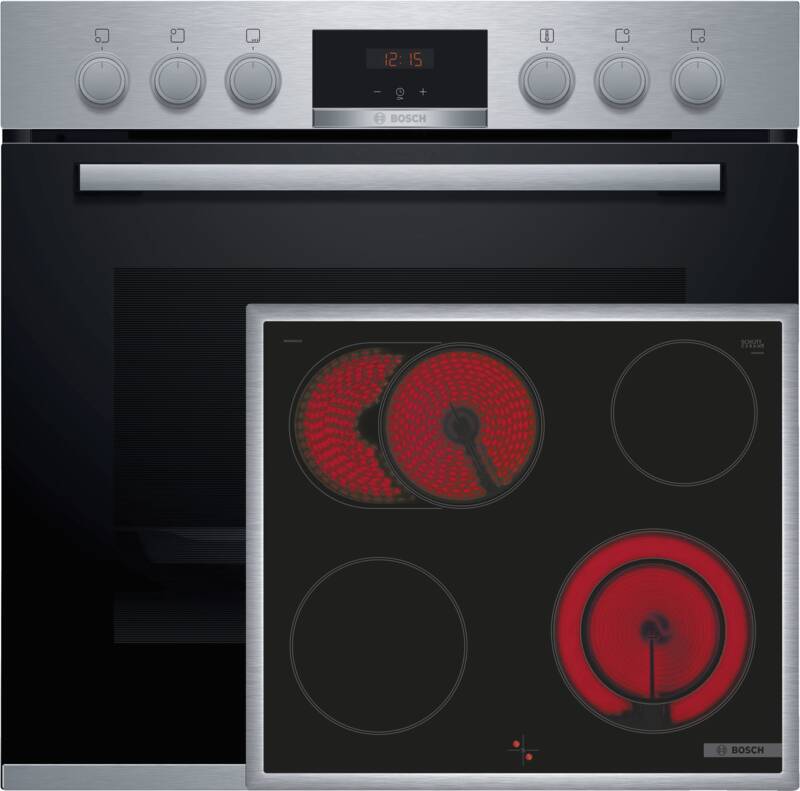 Bosch HND431ES62 (HEA533BS2+NKN64RGA2E+HEZ538000Telesk.-Auszug 1f) Einbau-Herd-Set, Elektro-Backofen, 71 l Garraum