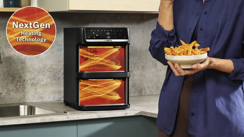 Bosch MAFD661B7 Serie 6 Doppel-Heißluft-Fritteuse, quadratisch, Display