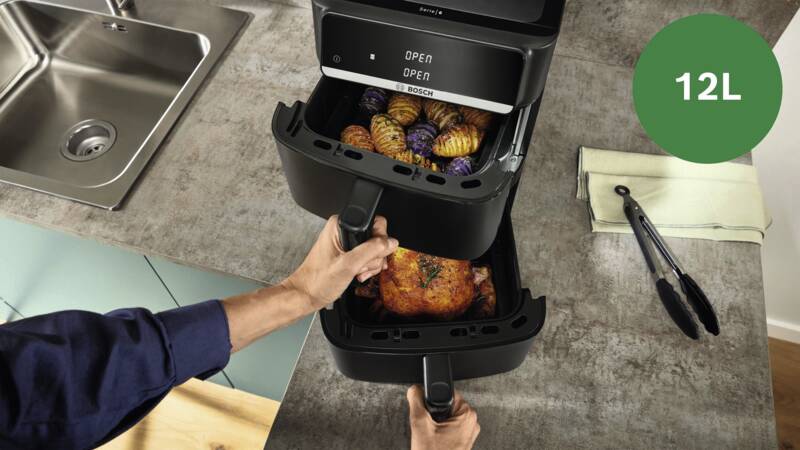 Bosch MAFD661B7 Serie 6 Doppel-Heißluft-Fritteuse, quadratisch, Display